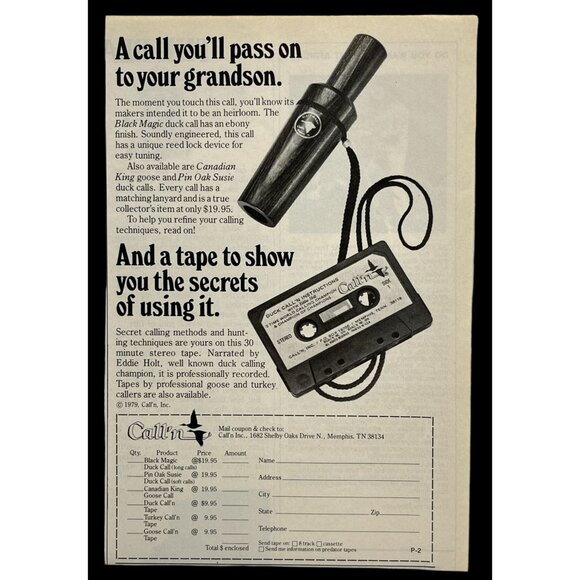 Call'n Duck Calls Print Ad Vintage 1980 Hunting Black Magic Cassette Instruction - Picture 1 of 6